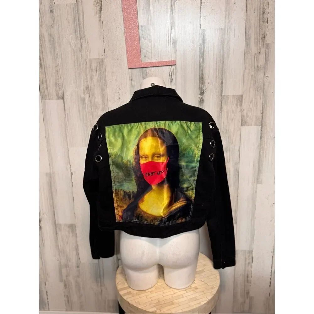 Fashion Nova Black Denim Jacket L – Graphic Mona Lisa Back Print “Shut Up” Imagi